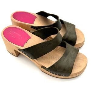Swedish Hasbeens Olive Green and Natural Wood Mules